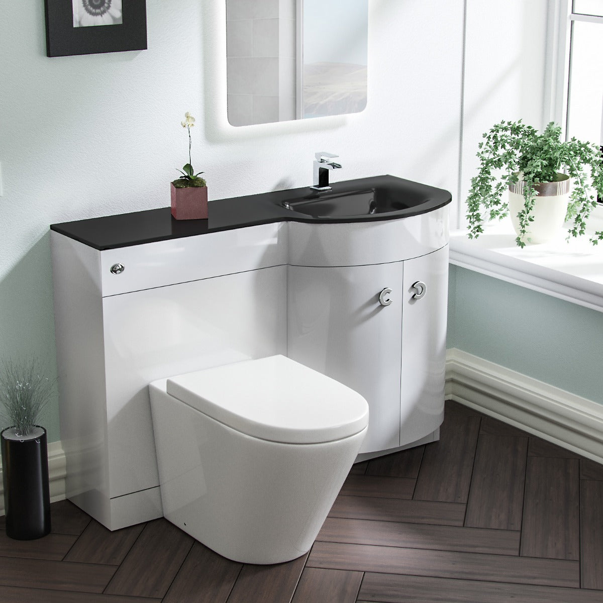 Dene RH White Vanity Sink and Elen Rimless BTW Toilet Combo with Black Basin Unit