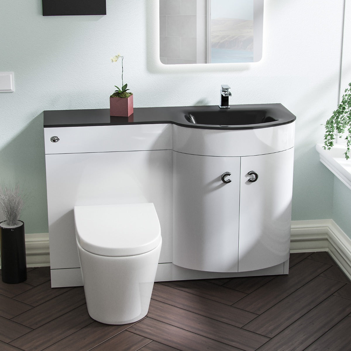 Dene RH White Vanity Sink and Elen Rimless BTW Toilet Combo with Black Basin Unit