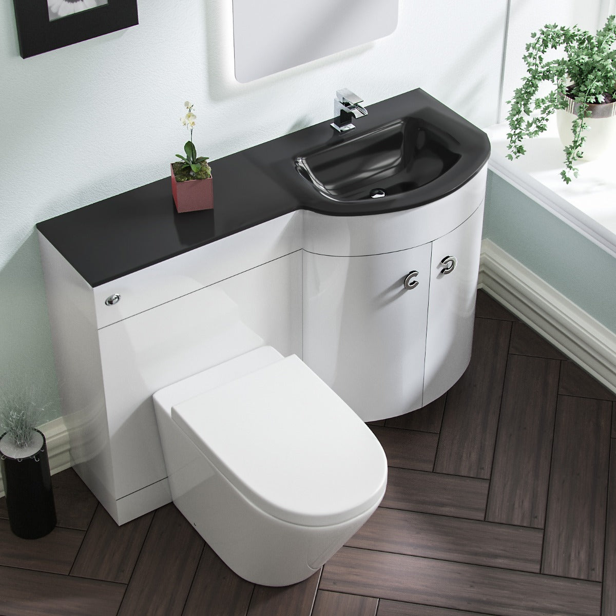 Dene RH White Vanity Sink and Elen Rimless BTW Toilet Combo with Black Basin Unit