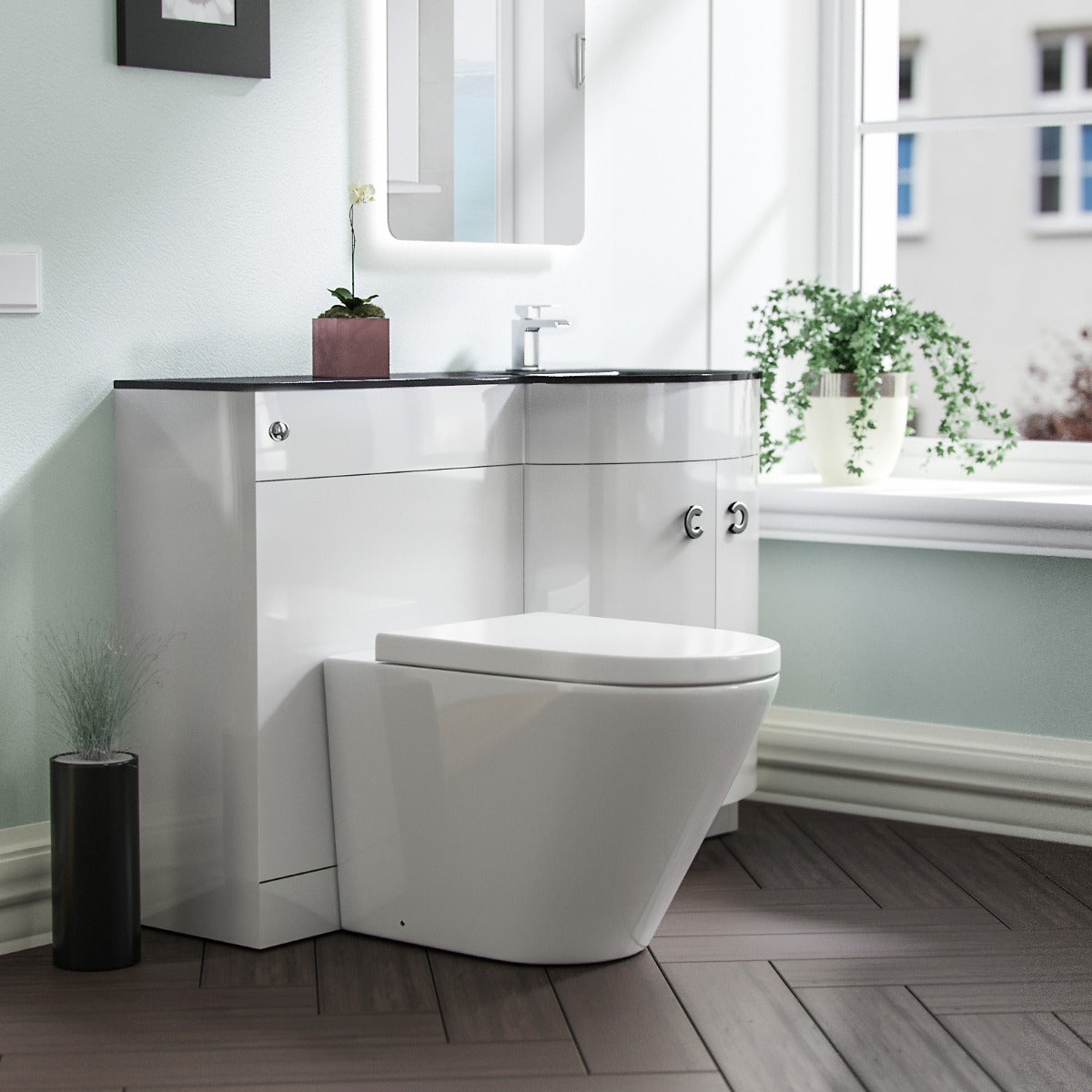 Dene RH White Vanity Sink and Elen Rimless BTW Toilet Combo with Black Basin Unit