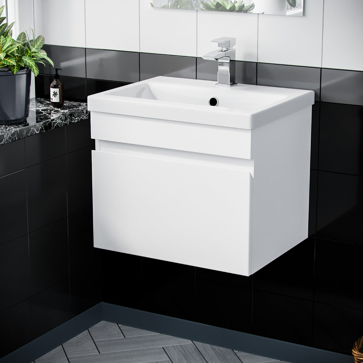 Alaska 500mm 1 Drawer White Wall Hung Vanity Cabinet and Basin Sink Unit