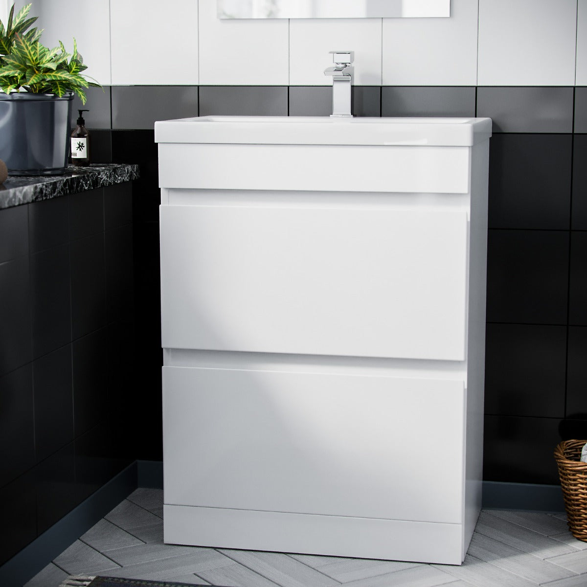 Alaska 600mm 2 Drawer White Floorstanding Vanity Cabinet and Basin Sink Unit