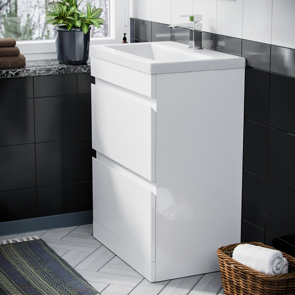 Alaska 600mm 2 Drawer White Floorstanding Vanity Cabinet and Basin Sink Unit