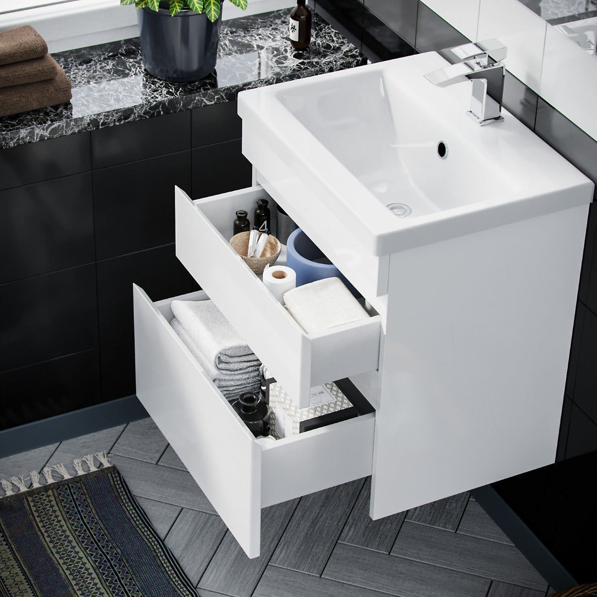 Alaska 500mm 2 Drawer White Wall Hung Vanity Cabinet and Basin Sink Unit