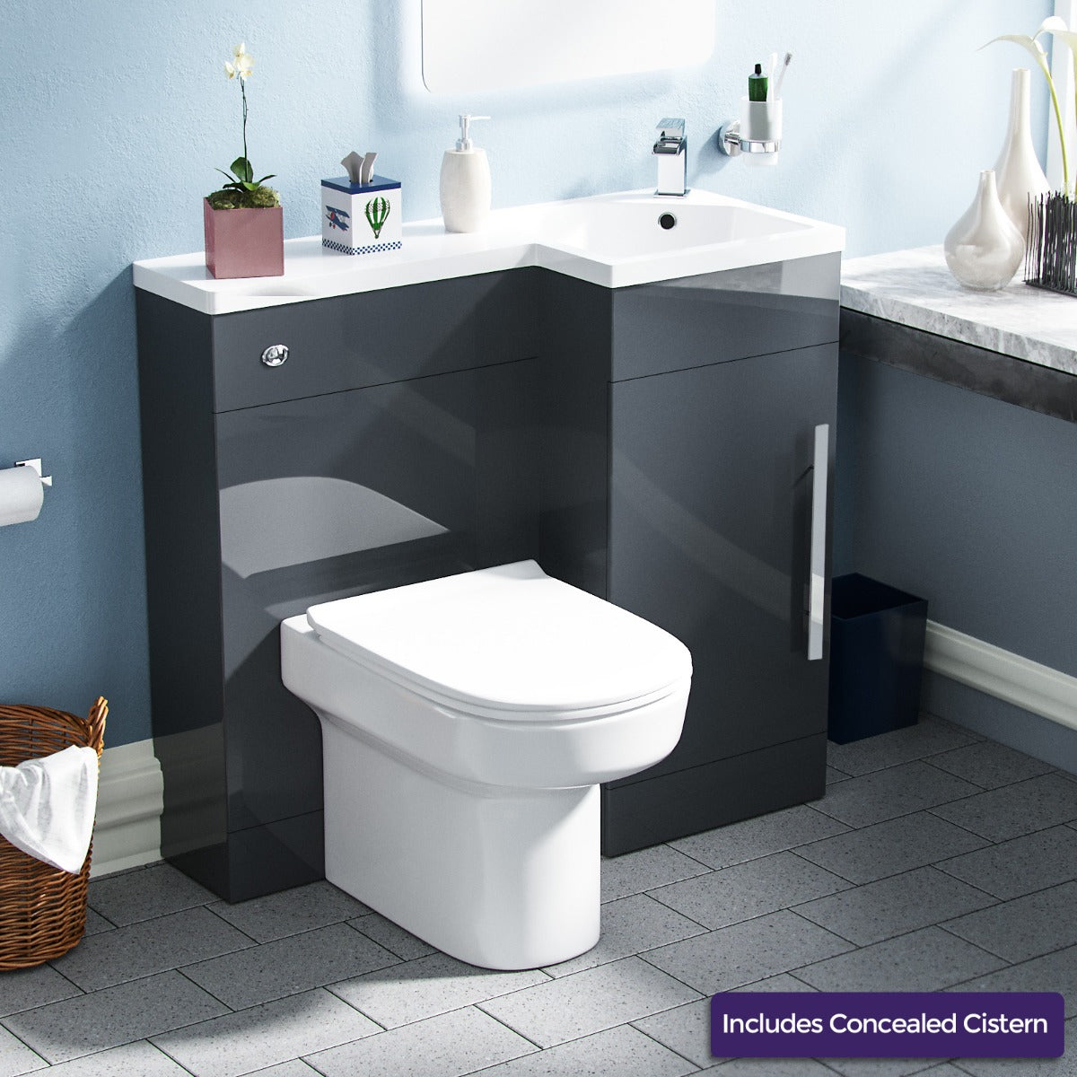 Jersey RH 900mm Flat Pack Vanity Basin Unit, WC Unit & Chem Back to Wall Toilet Grey