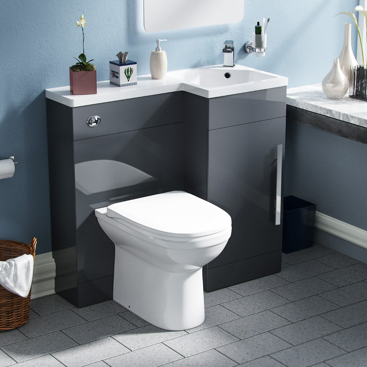Jersey Flat Pack 900mm Vanity Basin Unit, WC Unit & Welbourne Back to Wall Toilet Grey