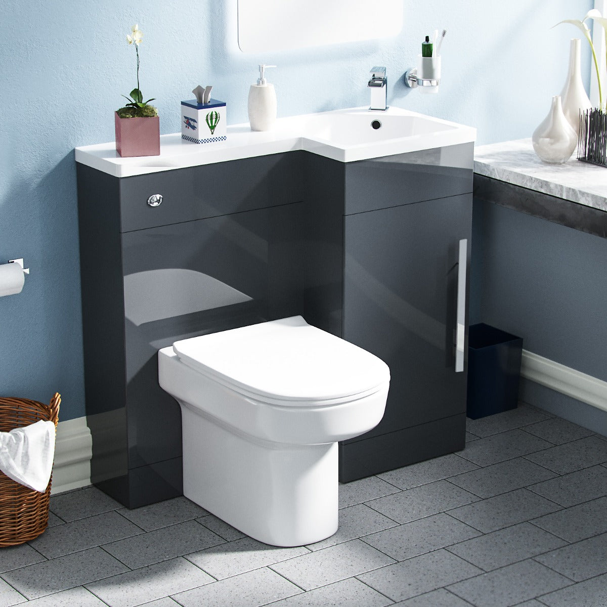 Jersey RH 900mm Flat Pack Vanity Basin Unit, WC Unit & Chem Back to Wall Toilet Grey