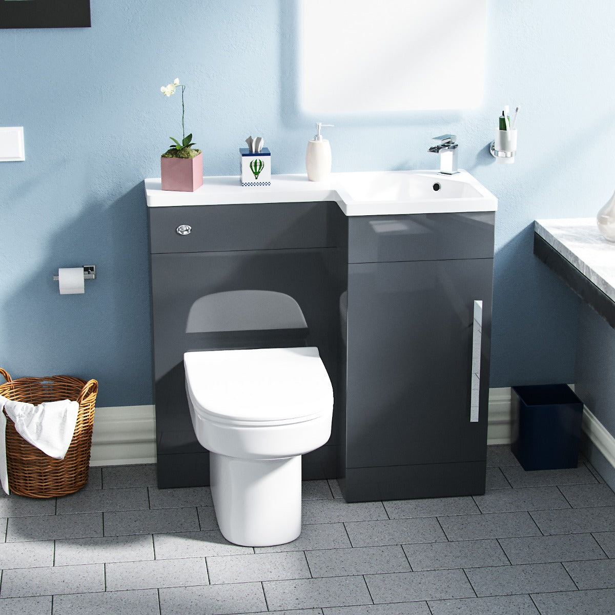 Jersey RH 900mm Flat Pack Vanity Basin Unit, WC Unit & Chem Back to Wall Toilet Grey
