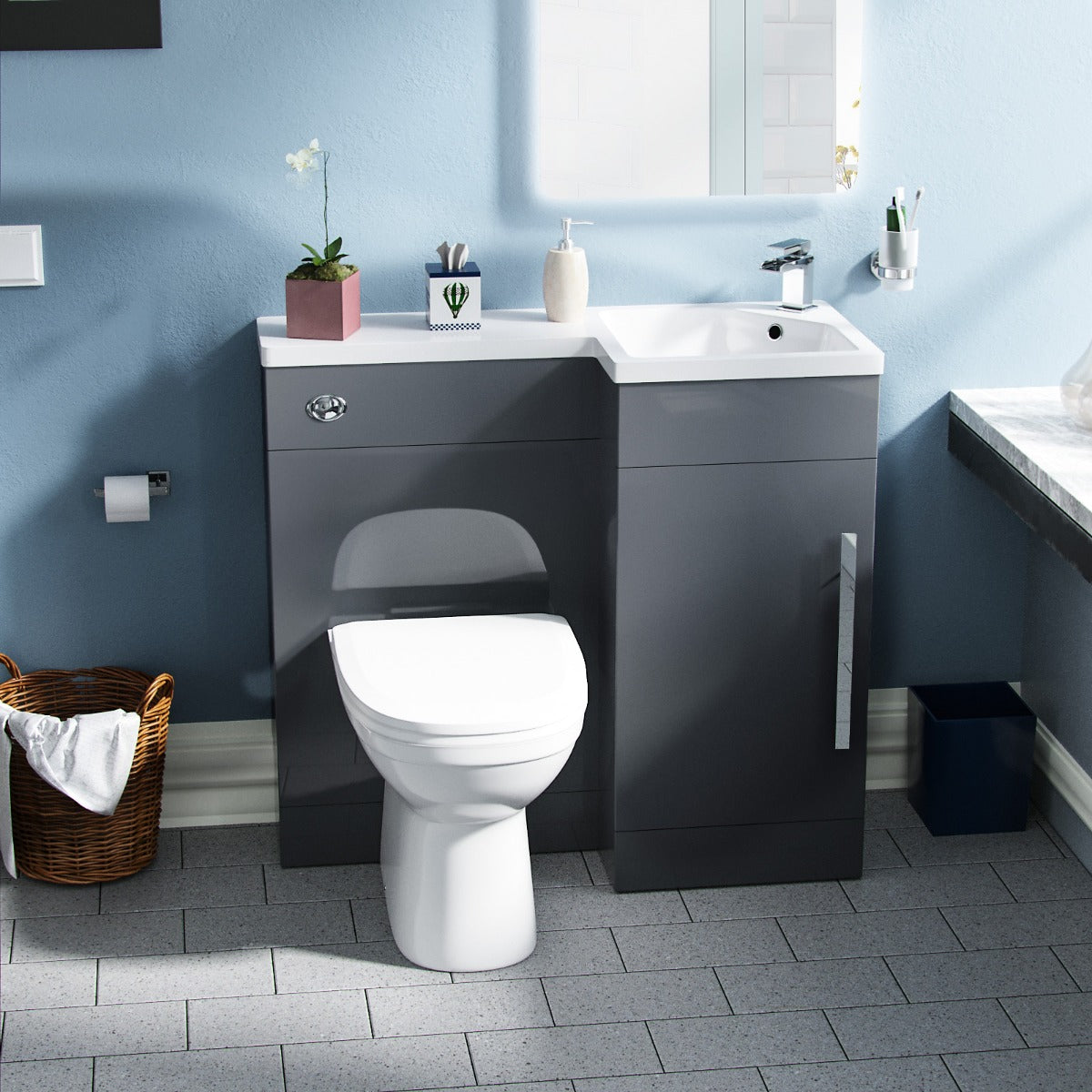 Jersey Flat Pack 900mm Vanity Basin Unit, WC Unit & Welbourne Back to Wall Toilet Grey