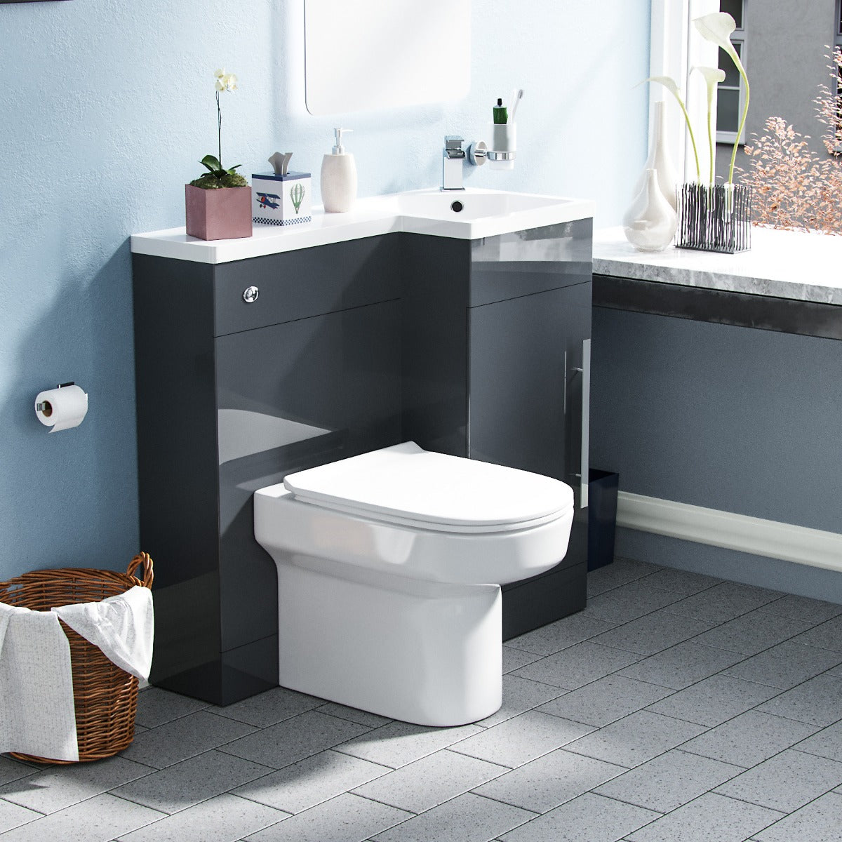 Jersey RH 900mm Flat Pack Vanity Basin Unit, WC Unit & Chem Back to Wall Toilet Grey