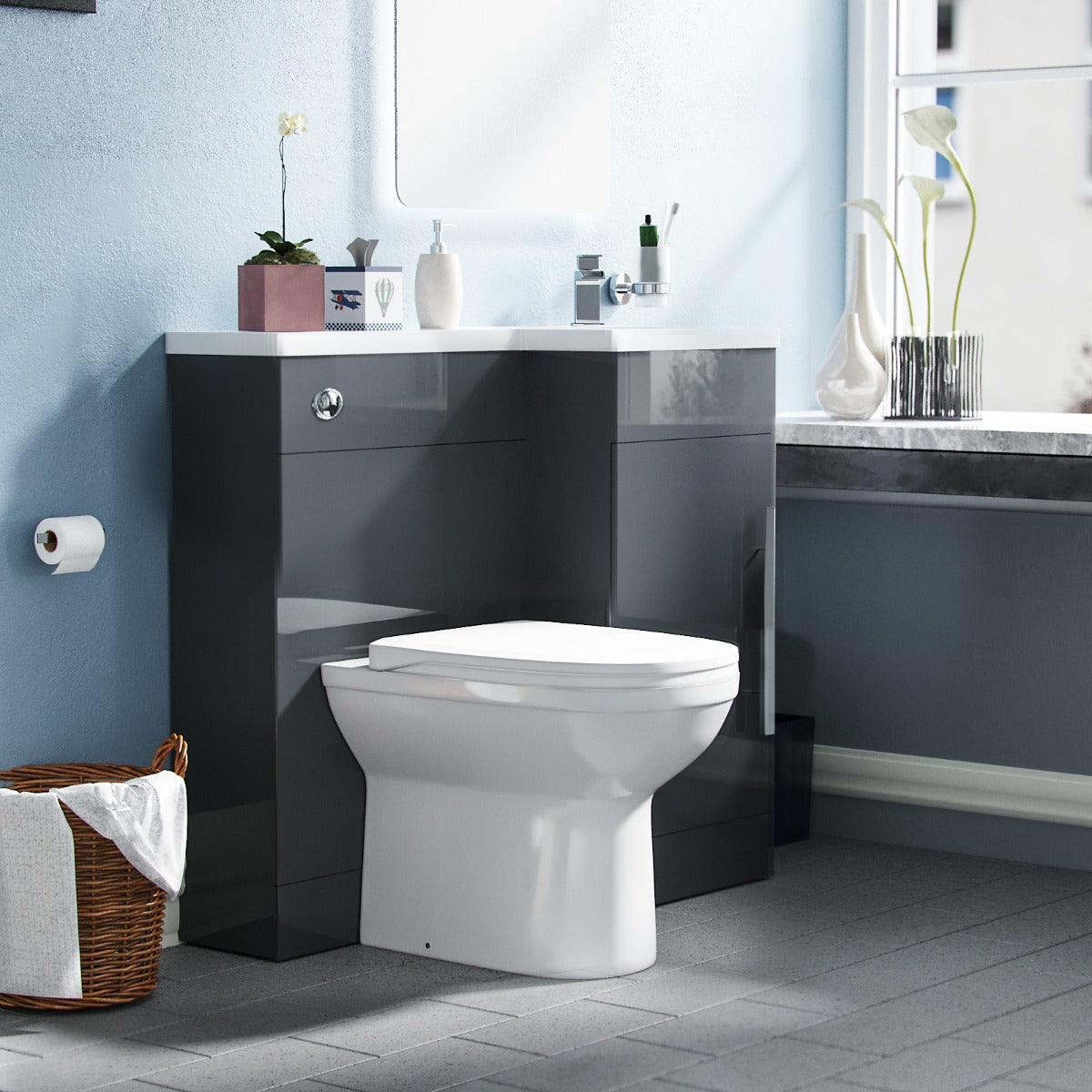 Jersey Flat Pack 900mm Vanity Basin Unit, WC Unit & Welbourne Back to Wall Toilet Grey