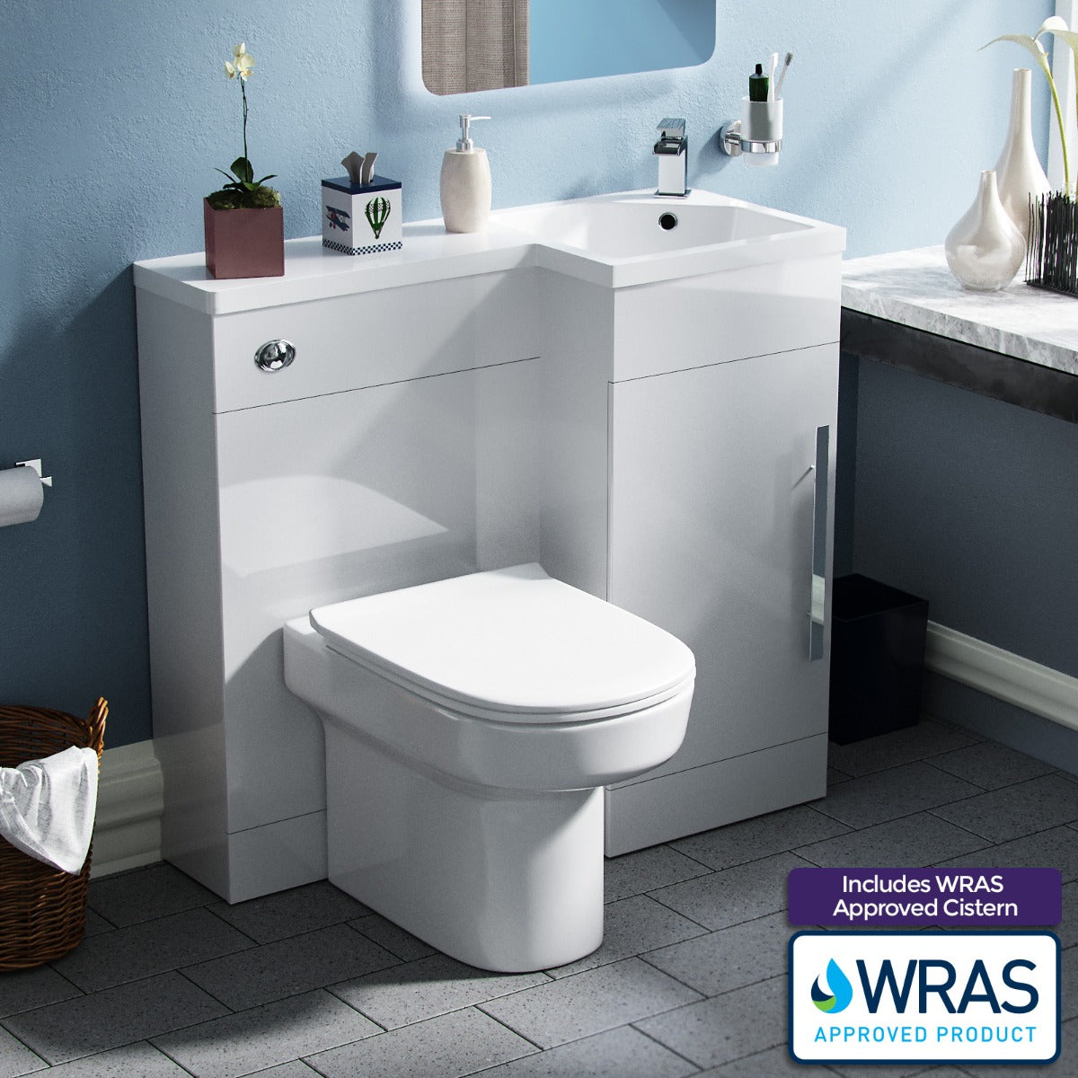 Jersey RH 900mm Flat Pack Vanity Basin Unit, WC Unit & Chem Back to Wall Toilet White