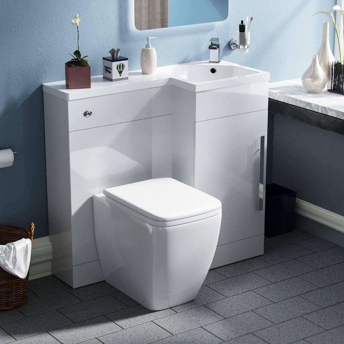 Jersey RH 900mm Flat Pack Vanity Basin Unit, WC Unit & Square Back to Wall Toilet White
