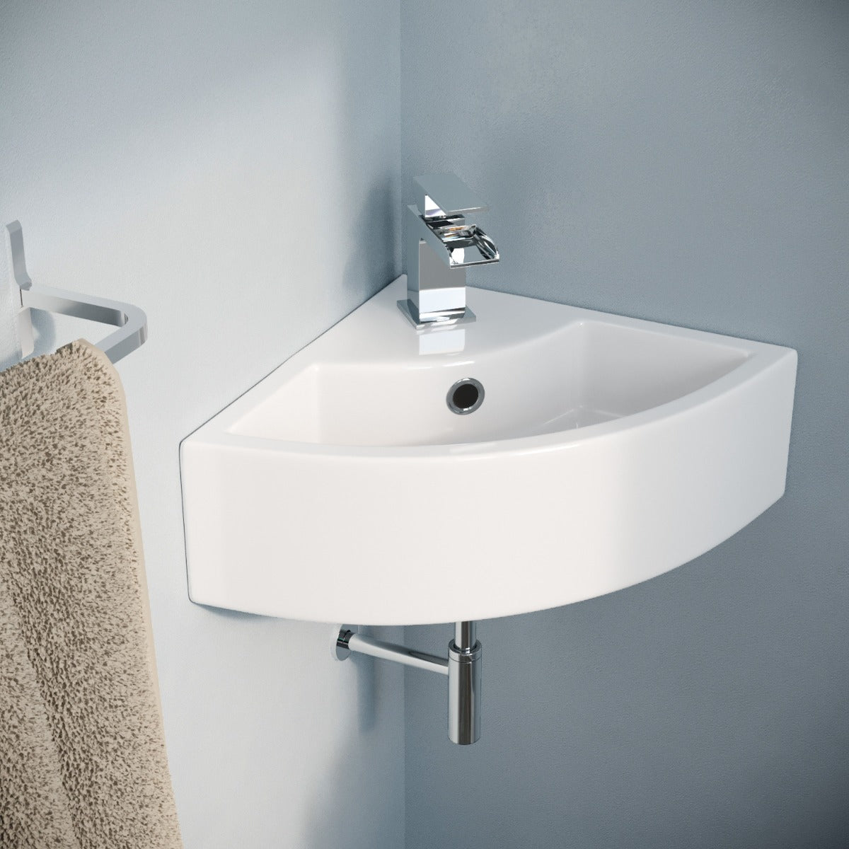 Quarter Circle Corner Cloakroom Basin & Waterfall Mixer Tap Waste