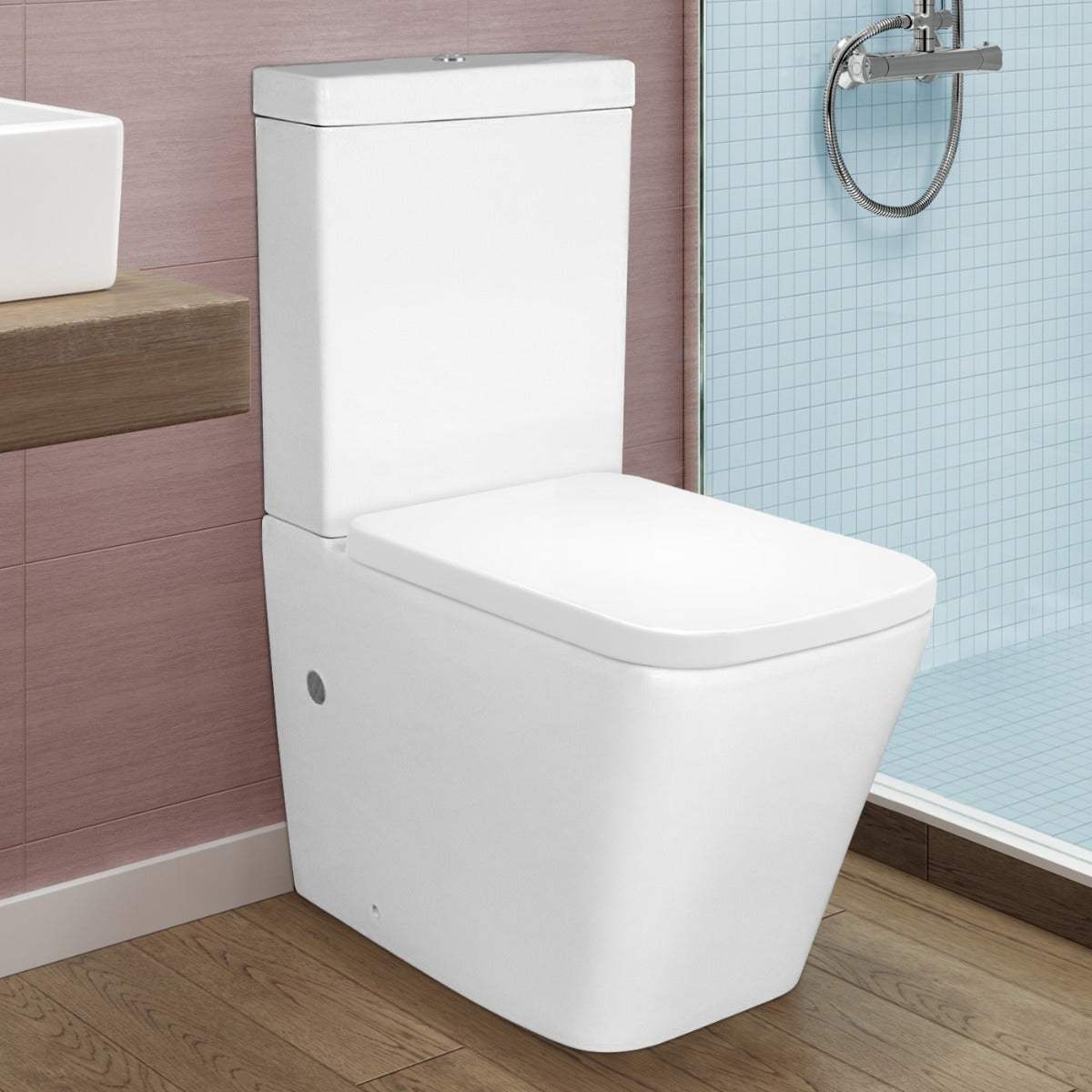 Square Rimless Close Coupled Toilet, Cistern And Soft Close Toilet Seat