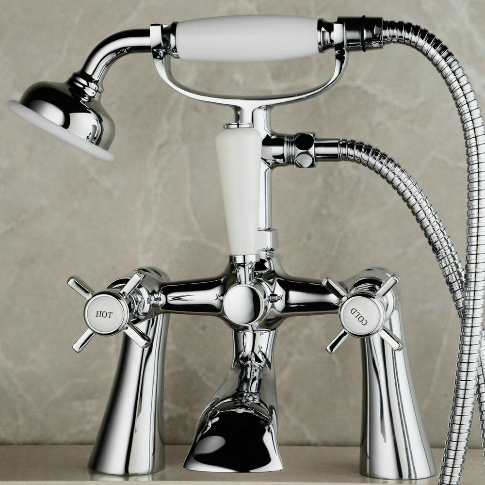 Edwardian Deck Mounted Bath Shower Mixer Tap Full Turn Cross Handle