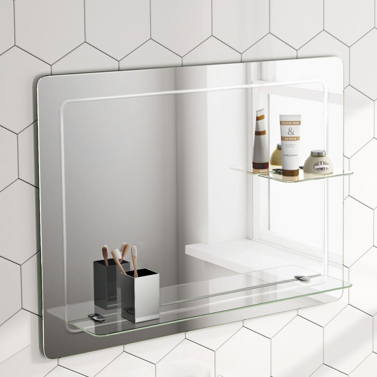 Bowen 800 x 600 Round Corner Mirror with Double Glass Shelf