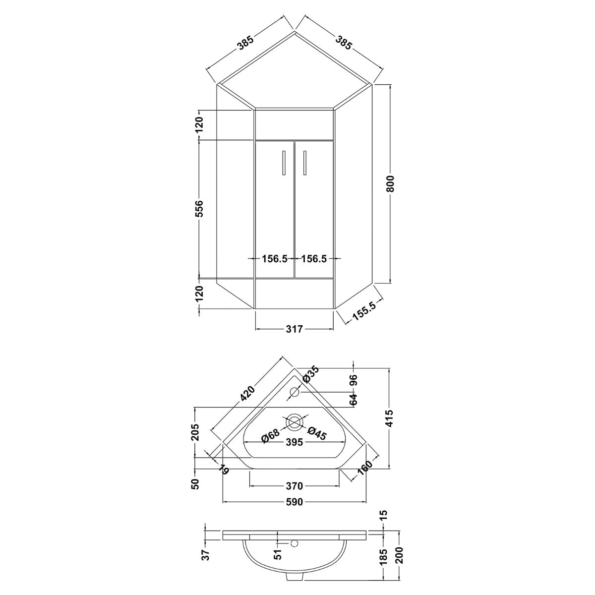 Dunn 590 mm 2 Door Corner Vanity Cabinet