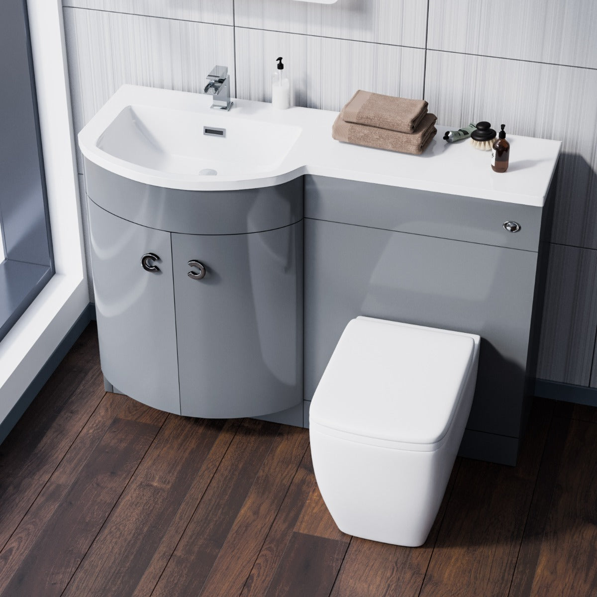 Dene LH 1100mm Vanity Basin Unit & Square Back To Wall Toilet Grey