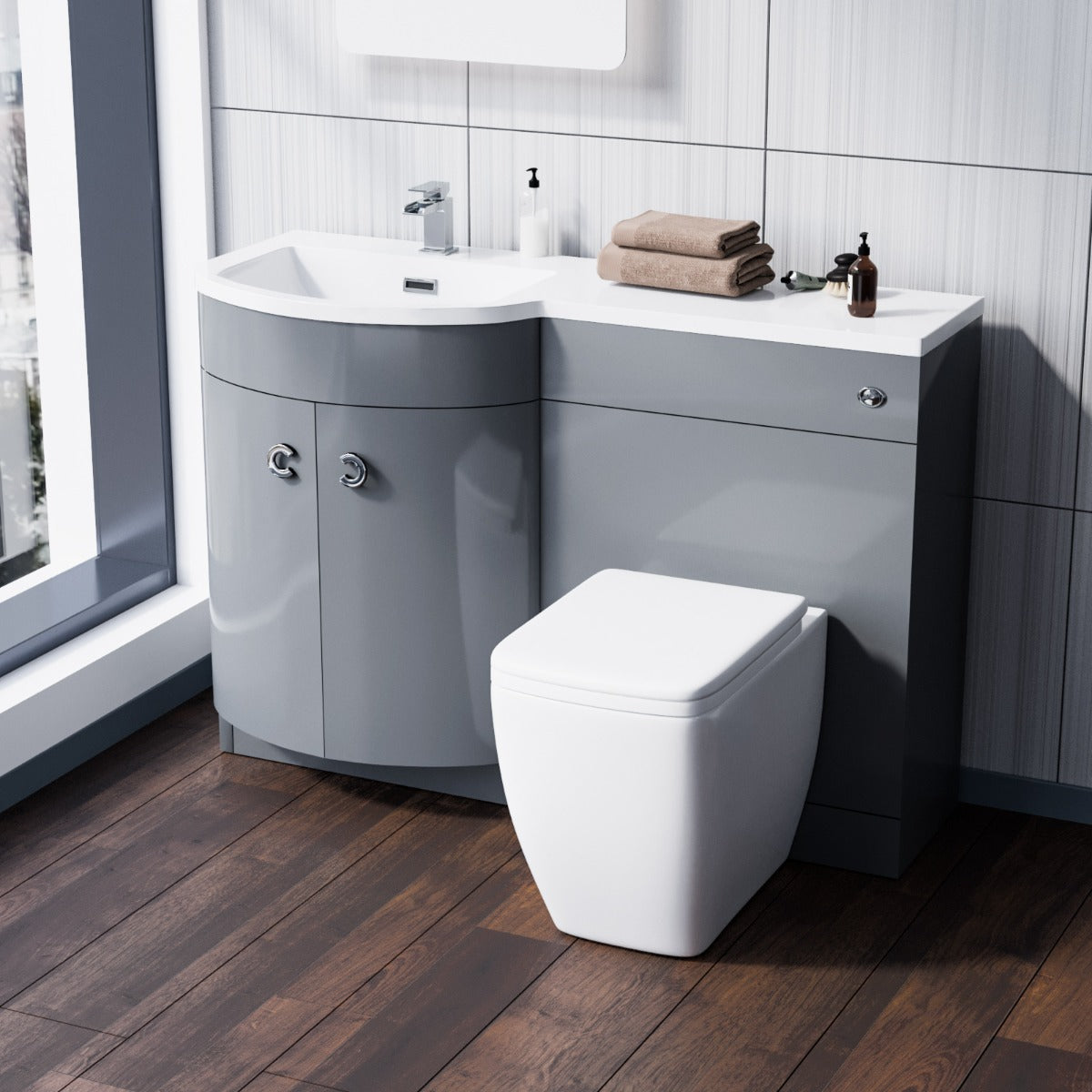 Dene LH 1100mm Vanity Basin Unit & Square Back To Wall Toilet Grey