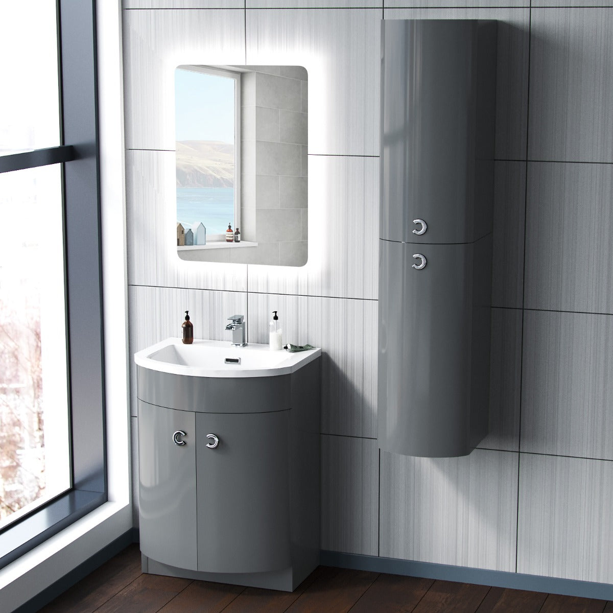 Dene 600mm Vanity Basin Unit and Wall Storage Cabinet Grey