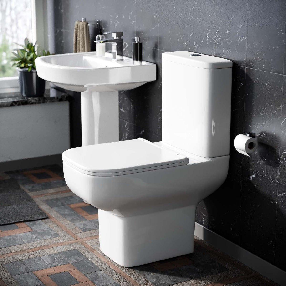 Louie Comfort Height Close Coupled Toilet Pan with 410 mm Full Pedestal Basin