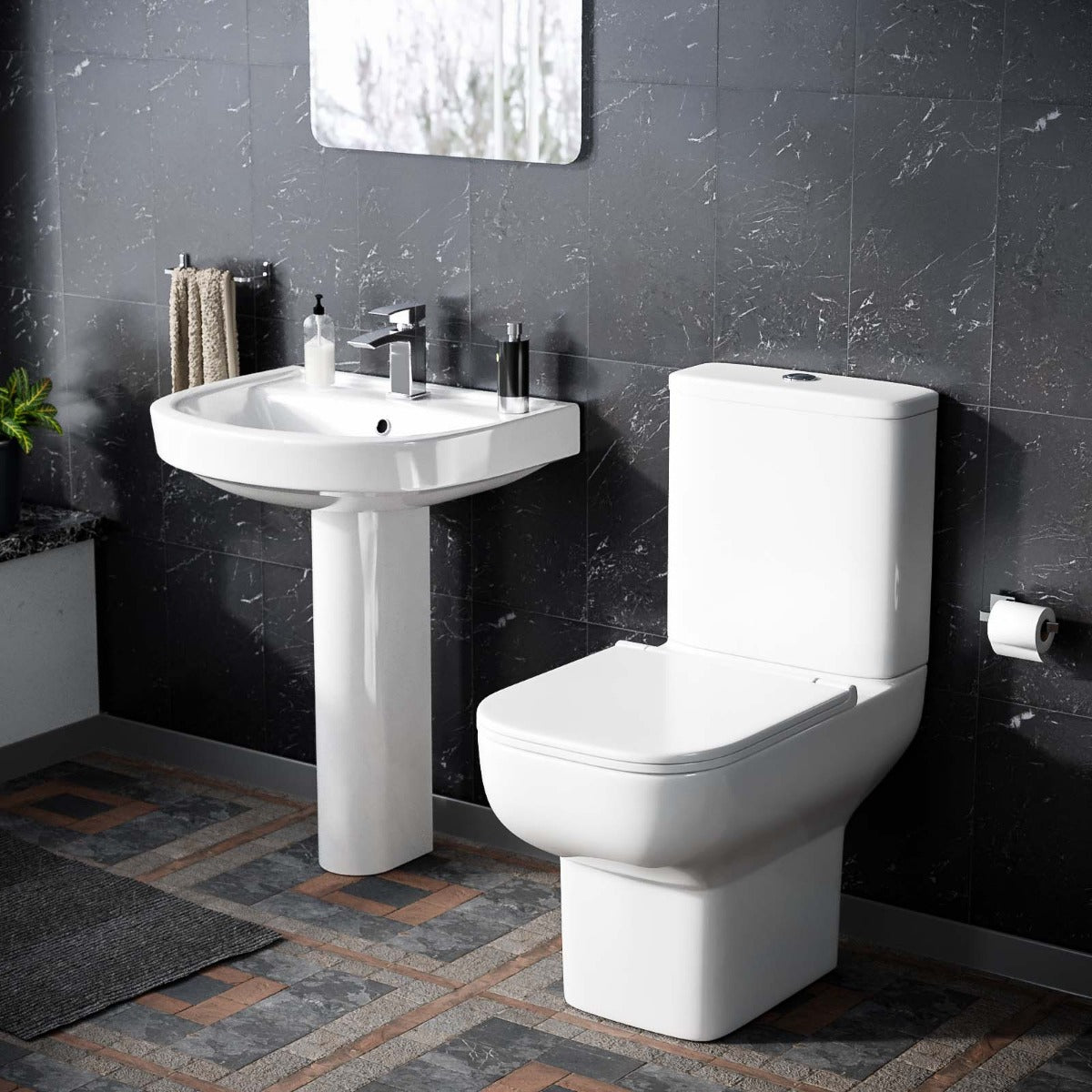 Louie Comfort Height Close Coupled Toilet Pan with 410 mm Full Pedestal Basin