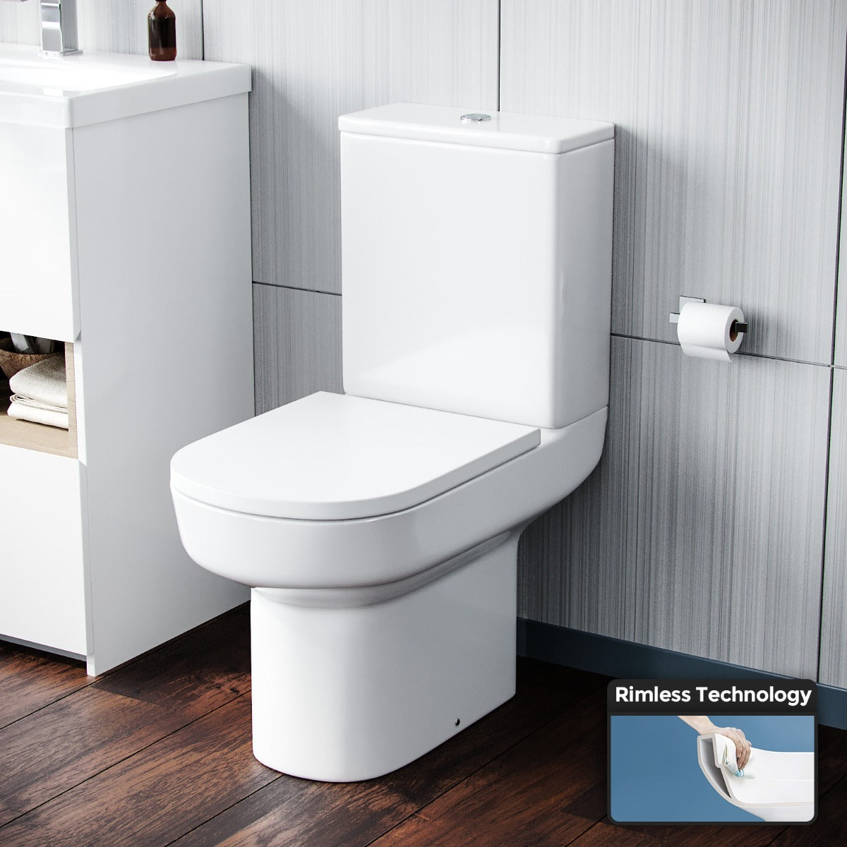 Modern Rimless Close Coupled Toilet and Cistern Soft Close Seat WC