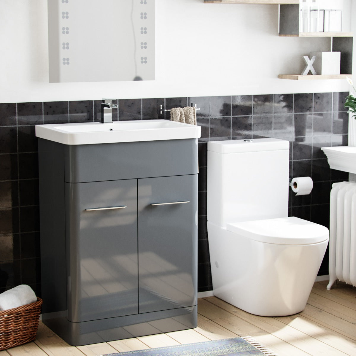 Lex 600mm Vanity Basin Unit & Rimless Close Coupled Toilet Grey