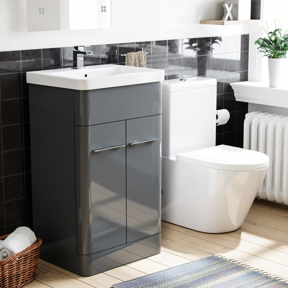 Lex 500mm Vanity Basin Unit & Rimless Close Coupled Toilet Grey
