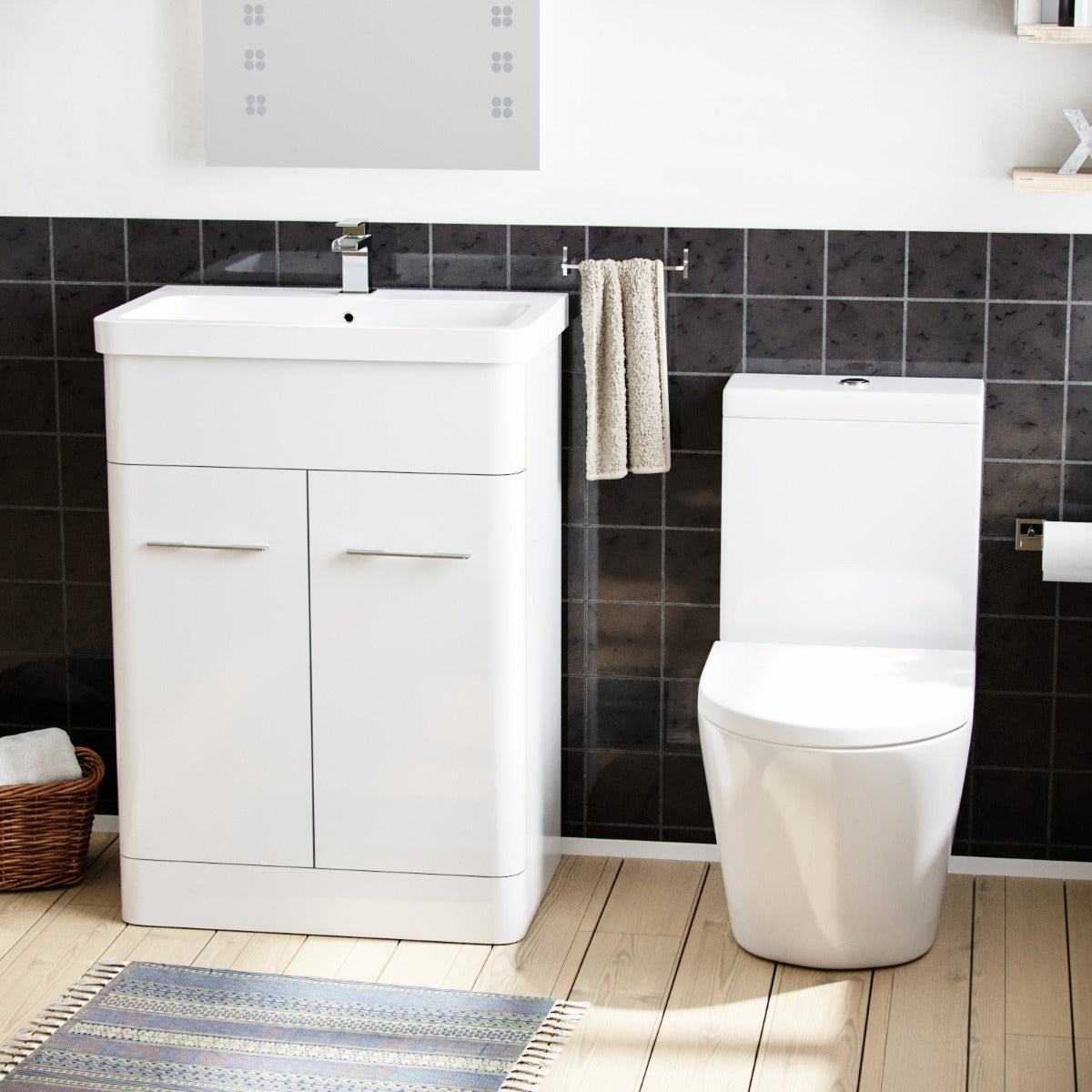 Lex 600mm Vanity Basin Unit & Rimless Close Coupled Toilet White