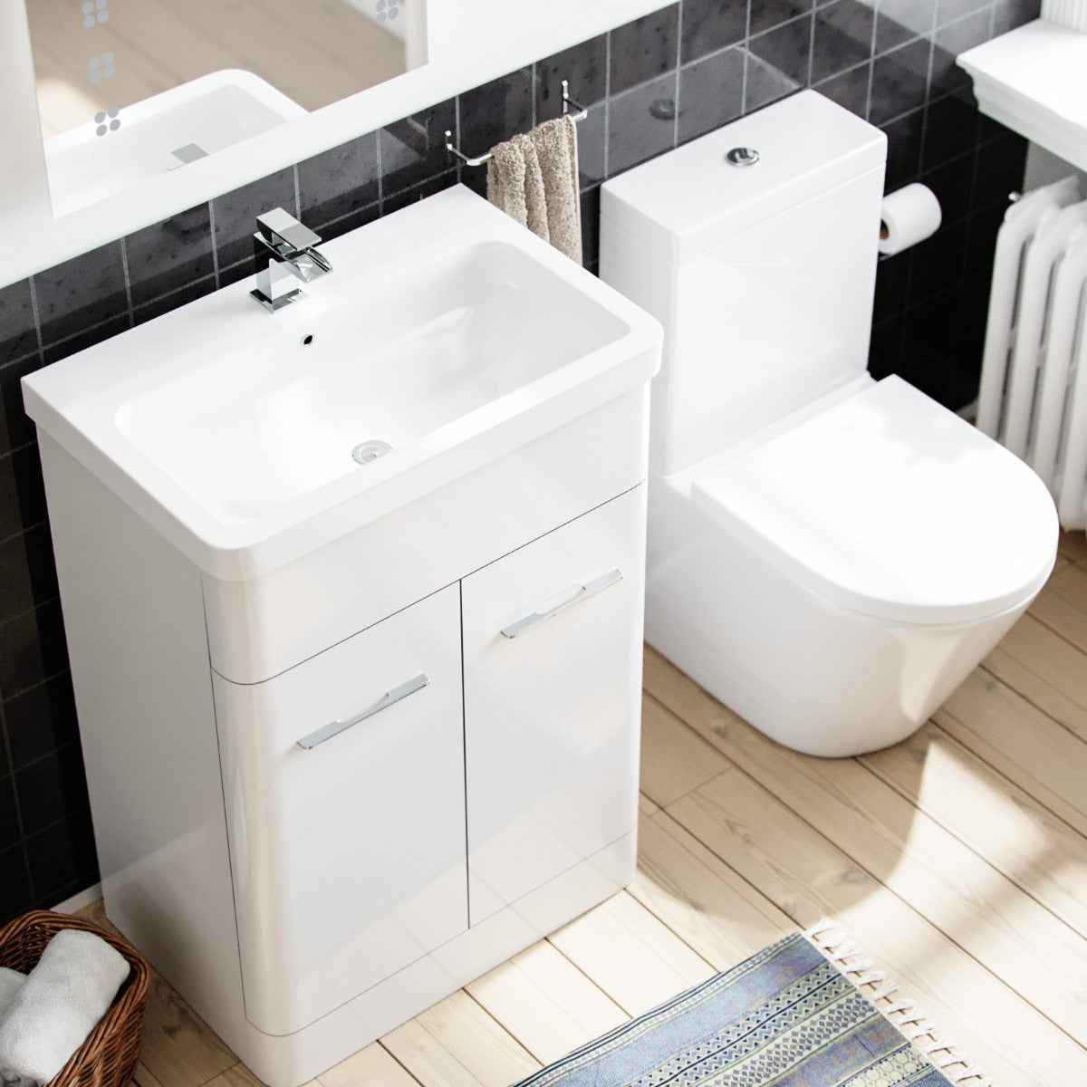 Lex 600mm Vanity Basin Unit & Rimless Close Coupled Toilet White