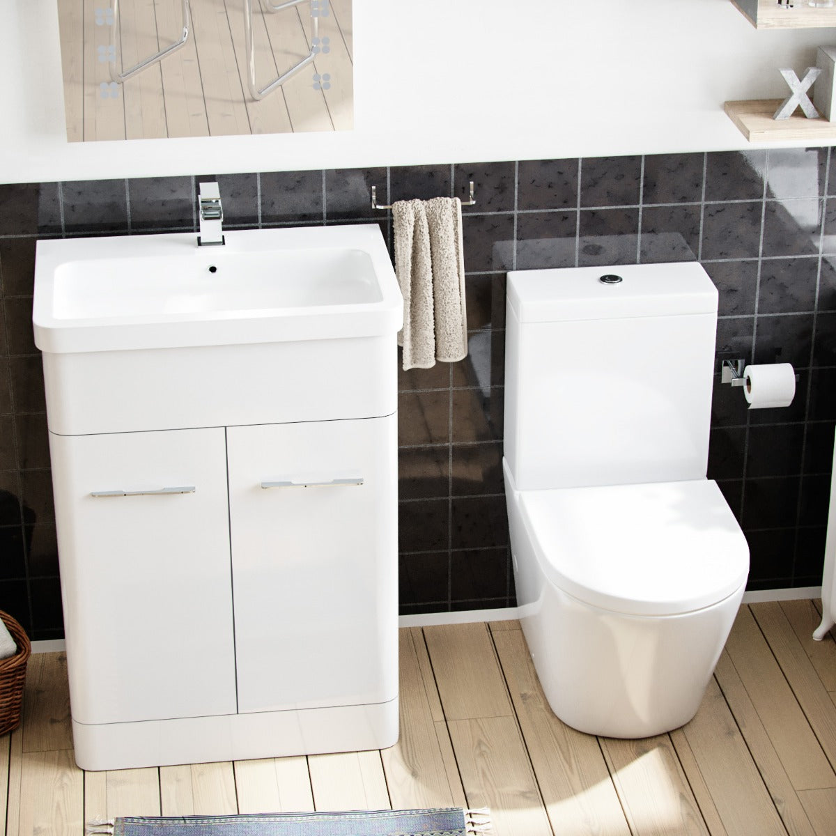 Lex 600mm Vanity Basin Unit & Rimless Close Coupled Toilet White