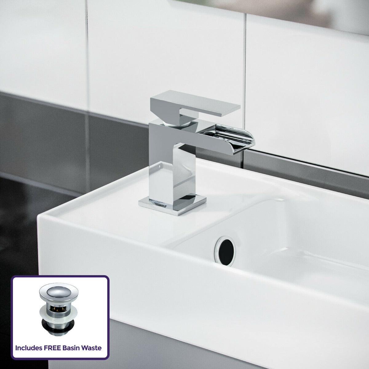 Nanuya 400mm Grey Cloakroom Vanity Basin Unit, Waterfall Mono Mixer Tap & Waste