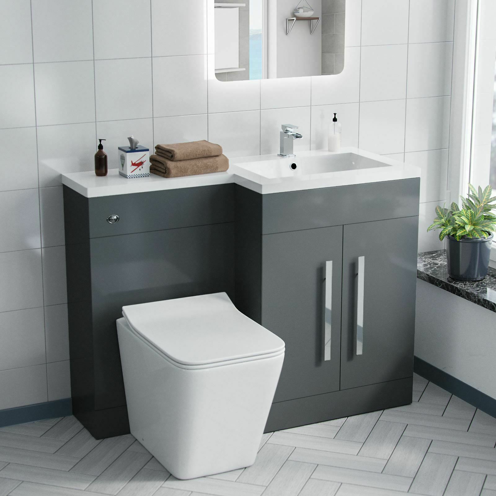 Aric Bathroom RH L-Shape White Basin Vanity Grey Unit WC BTW Rimless T