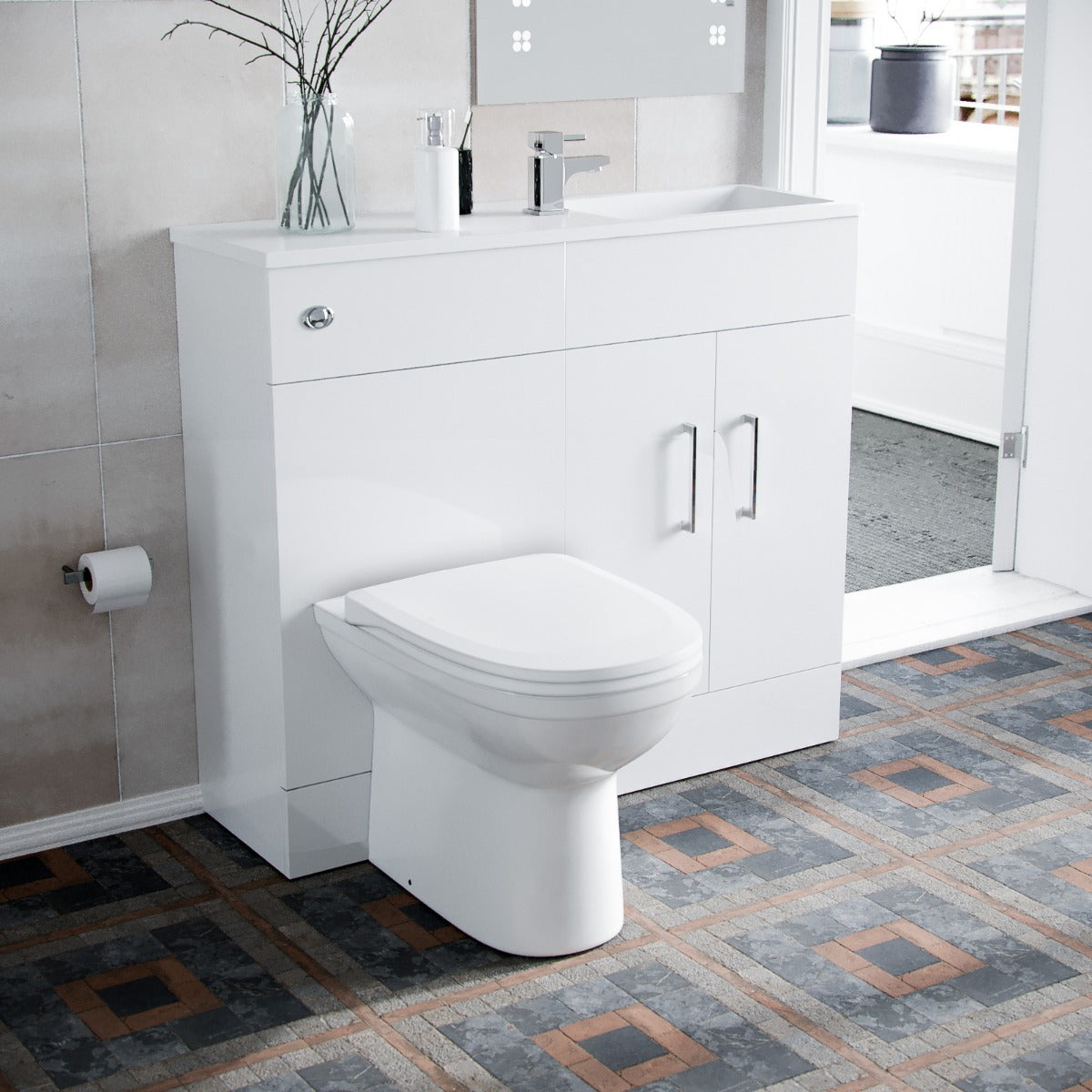 James 1000mm Slimline Floorstanding Vanity Basin and Welbourne White Back To Wall Modern Toilet White