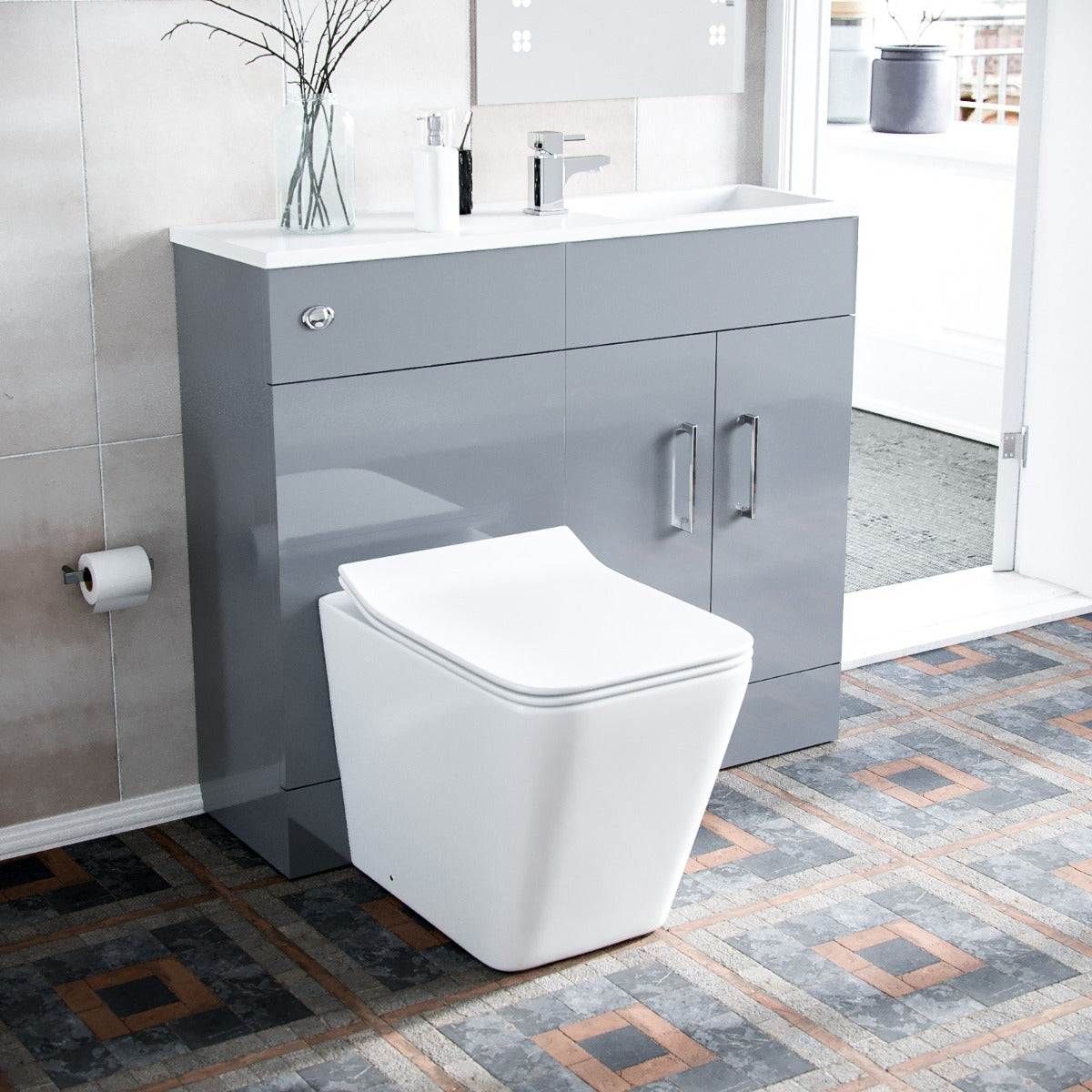 James 1000mm Slimline Floorstanding Vanity Basin and Elora Square Back to Wall Rimless Toilet Grey