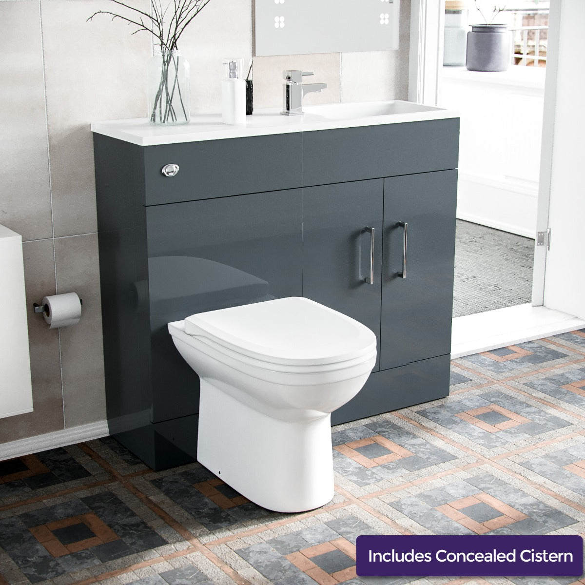 James 1000mm Slimline Floorstanding Vanity Basin and Welbourne White Back To Wall Modern Toilet Grey