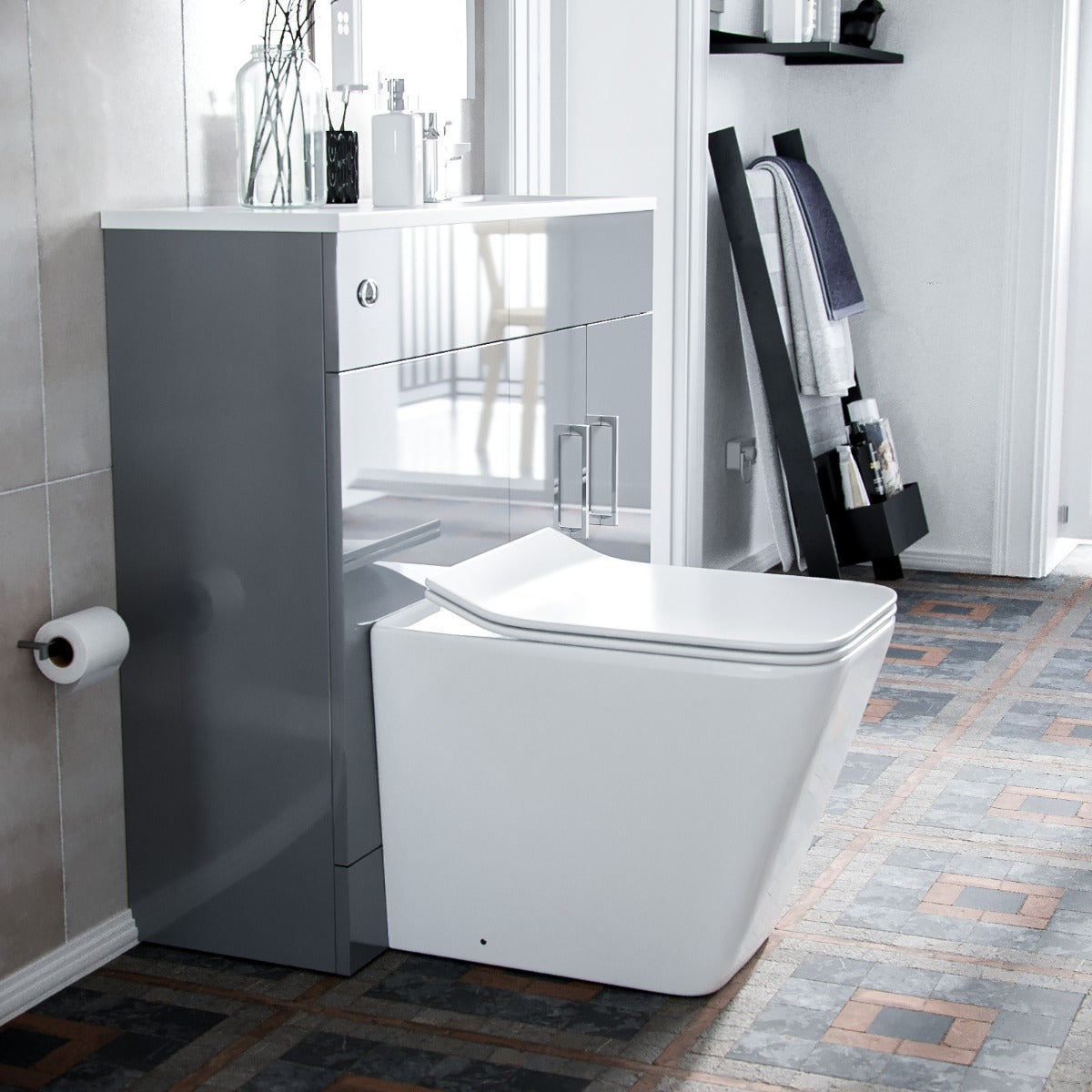 James 1000mm Slimline Floorstanding Vanity Basin and Elora Square Back to Wall Rimless Toilet Grey